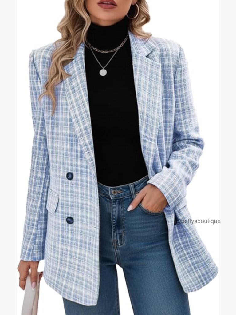 Tweed Plaid Blazer Jacket Fully Lined Long Sleeve Open Front Casual Work Office
